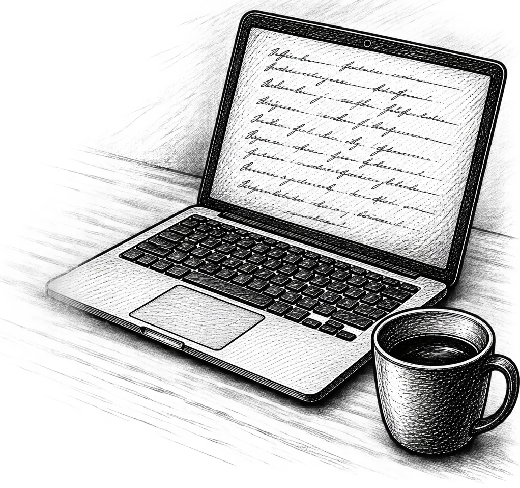 Illustration: Laptop mit handgeschriebenem Manuskript und Kaffeetasse